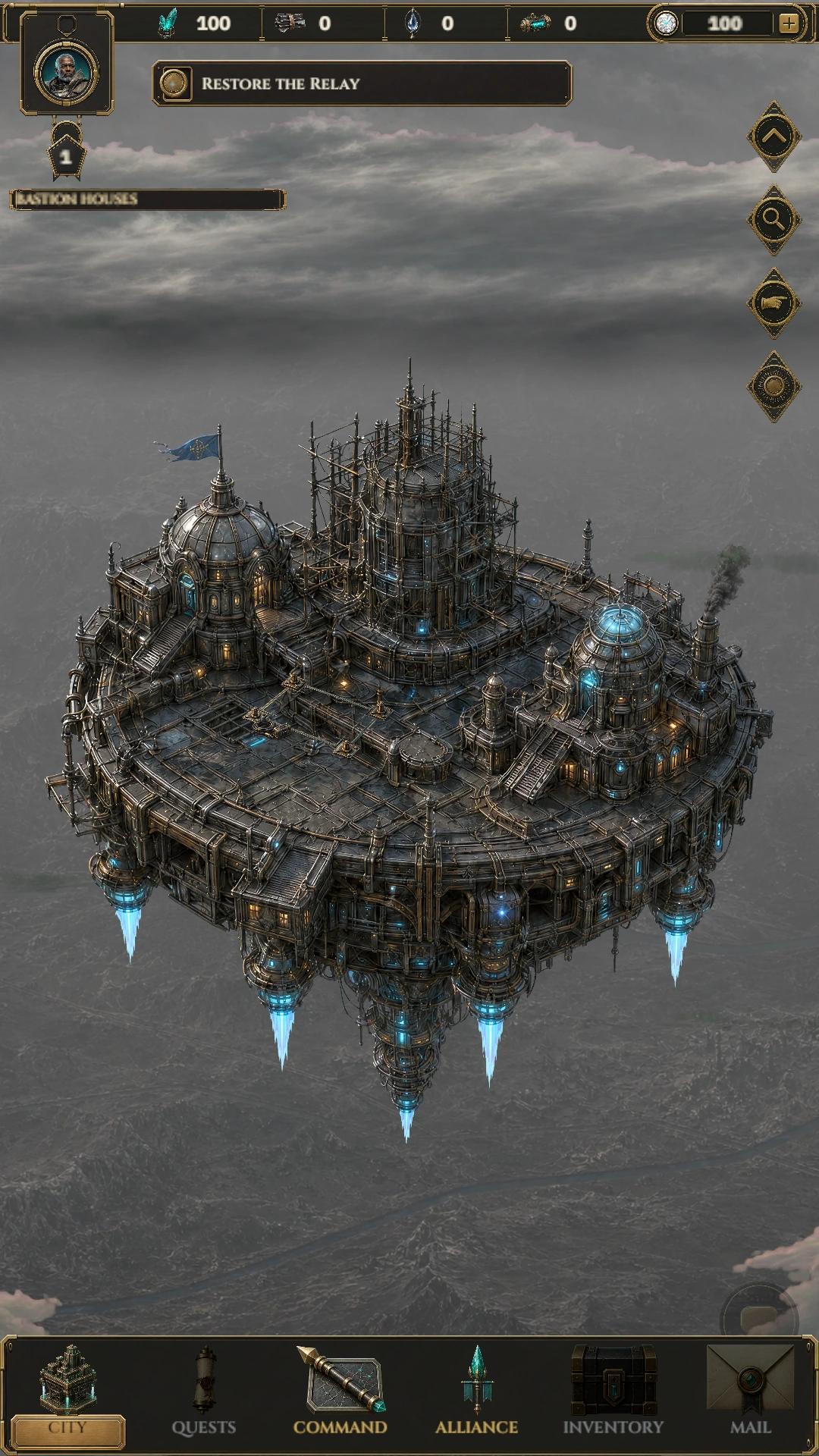 Last Spire development screen showing a Bastion city above damaged Earth, its resource bar, objective and city navigation.