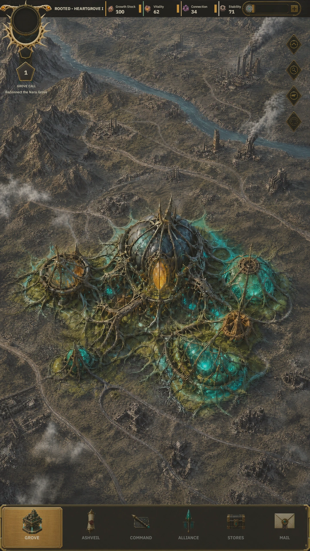 Last Spire Rooted development screen with living architecture, a resource bar and grove navigation.