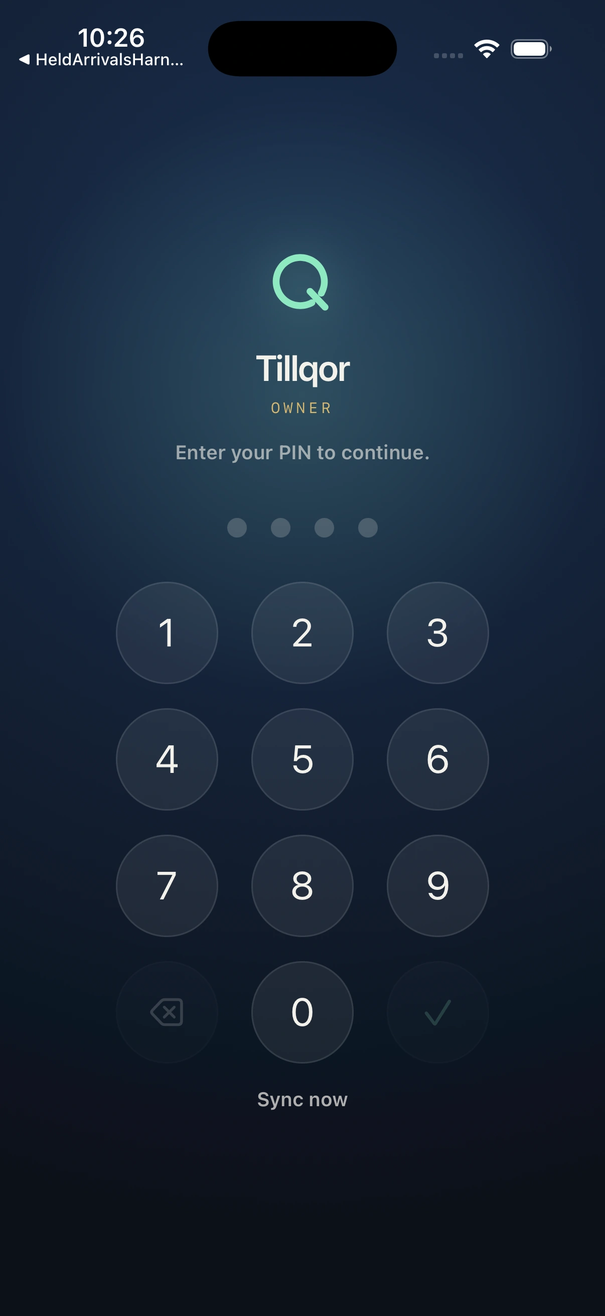 Tillqor Owner iPhone sign-in screen with the mint Q mark and PIN keypad.